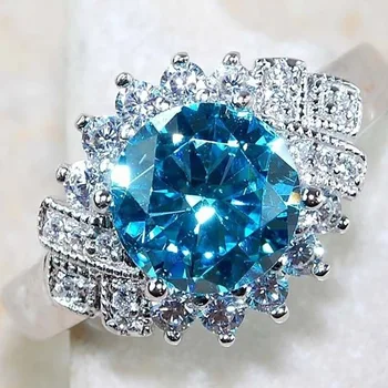 Roztomilé Ženy Velká Voda Modrá Zásnubní Prsten Módní Stříbrná Barva Crystal Zirkon Kámen Prsten Vintage Svatební Prsteny Pro Ženy