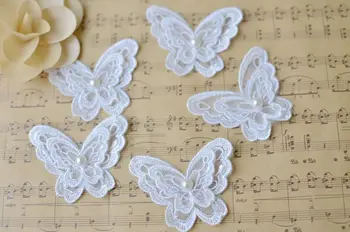 10 ks Bílá organza výšivky krajky tkaniny oblečení 3D Navlékání korálků motýl, květ patch šifon svatební šaty nášivka SM145