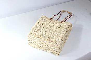 2018 nové jednoduché módní ručně vyrobené kukuřice hovězí kůže plátno jeden ramenní paní slámy tkané tašky plážové tašky