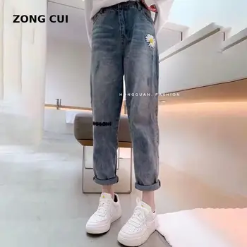 2020 korejských žen vysokým pasem modré květinové výšivky džínové rovné kalhoty ležérní volné street stylu džínové kalhoty