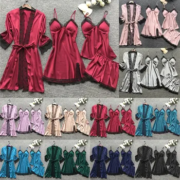2020 Ženy Pyžamo Sady Saténové Oblečení Na Spaní Hedvábí 4 Kusy Pyžama Pyjama Špagety Popruh Lace Sleep Lounge Pijama S Hrudní Vycpávky