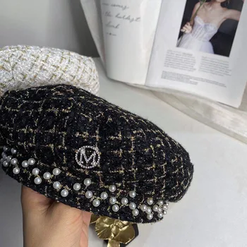 202008-chui gold line plaid M dopis pearl lady baret klobouk, ženy, Volný čas malíř v klobouku