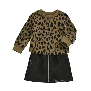 2KS Batole, Děti, Dítě, Dívka, Oblečení Nastavit 1-5Y Leopard Tisk Svetr Topy Svetr Kožené Mini Sukně Party Outfit