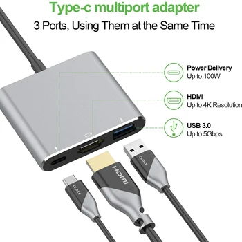 3 v 1 Přenosný Typ C Samec na USB-C, USB 3.0 4K HDMI Samice Hub Kabel Adaptéru