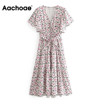 Aachoae V Krku Květinové Tisk Elegantní Šaty Pro Ženy, Světlice, Krátký Rukáv Obvaz Dlouhé Maxi Šaty Volné Skládaný Šaty Robe Femme
