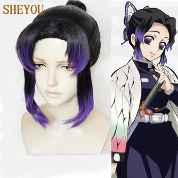 Anime Demon Slayer: Kimetsu č. Yaiba Kochou Shinobu Krátké Černé Tepelně Odolné Vlasy Cosplay Kostým Paruky + Čepice Paruka