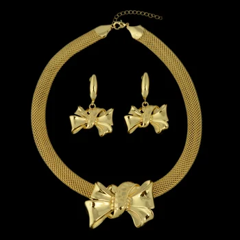 BPOYB Vysoce Kvalitní Čisté Zlato Barevný Laserový Vzor Bowknot Náhrdelník Náušnice Luxusní Africké Itálie Šperky Set Dubai Návrháři