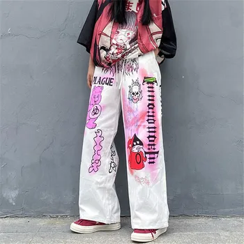 Bílé Vysokým Pasem Kalhoty Dámské Ležérní Punk Kalhoty Volné Streetwear Harajuku Japonsko Kalhoty Cool Módní Hip Hop Ženy Kalhoty