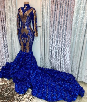 Dlouhá Královská Modrá Mořská panna Prom Šaty 2021 Luxusní Zlatý Flitr 3D Květiny Dlouhý Rukáv Černé Afriky Dívka Šaty na Ples