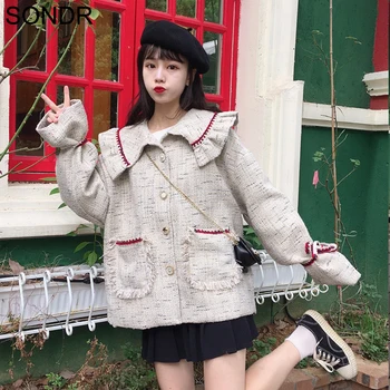Dámské Oblečení Japonské Měkké Dívka College Styl Panenka Límec Ležérní Volné Svetr Kabát Podzim Zima Sladké Roztomilé Dívky Kabát