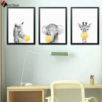 Dítě v dětském pokoji Žluté Balónky Zvířat Wall Art Plakát Tisk Zebra, Koala, Slon, Žirafa Plátno Malování pro Děti Pokoj Dekorace