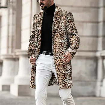 Hot Prodej 2020 Podzim Zima Evropského Americké Svrchní oblečení Leopard Tisk Mid-length Muži ' s Oblečení Ležérní Klopě Módní Kabát Muži