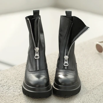 IN SEXY Ženy kotníkové boty z Pravé Kůže Boty, Ručně vyráběné módní kráva kožené krátké boty Přední zip krátké boty platforma