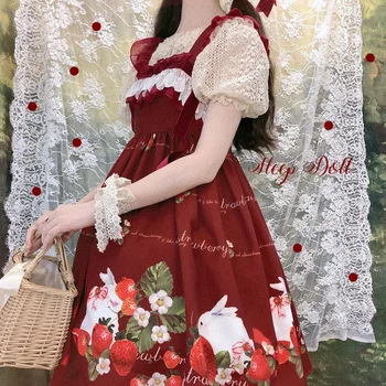 Japonské Sladké Jahody Králík Tisk Jsk Lolita Šaty Vintage Viktoriánské Dívky, Gotické Krajkové Volánky Princezna Tea Party Šaty