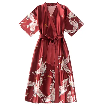 Kimono Šaty Šaty Pro Ženy Červené Domácí Oblečení Elegantní SleepwearCasual Hedvábně Vana Šaty Spodní Prádlo Noční Prádlo Tisku Saténové Svatební Roucho