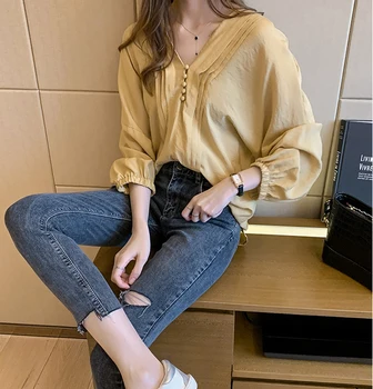 Korejský brandy melville topy roztomilé měkké oblečení e dívka kobiety bluzki dlouhý rukáv volné košile Sladké Sukna V-Neck feminina