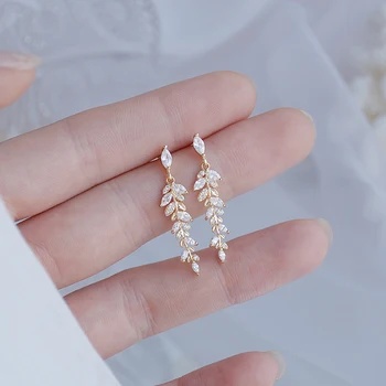 Kouzlo 18k pravé Zlato Listy Náušnice pro Ženy Vynikající Drobné Zirkony Stud Náušnice Elegantní Korean Crystal Svatební Ringen Přívěsek