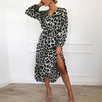 Leopardí Šaty Ženy 2020 Móda Šifon Podzim Šaty s Dlouhým Rukávem Hluboký V-neck A-line Sexy Party Dlouhé Šaty Vestidos de fiesta