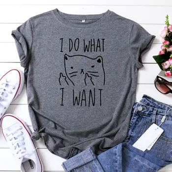 Ležérní Kolem Krku Ženy Bavlněné T-košile, které jsem si Dělat, Co Chci Kočka Dopisy Tištěné Bederní Vtipné Tričko Topy Dívka Růžové 5XL