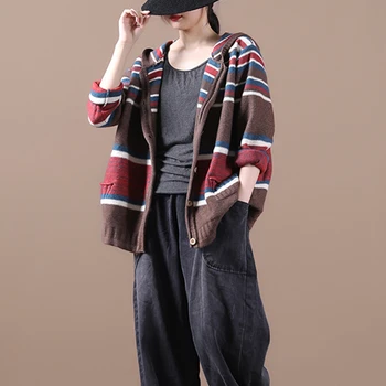Max LuLu Podzim Korejský Návrhář Pletené Oblečení Dámy Zahustit Vintage Pruhované Svetry Dámské Loose S Kapucí Vesty Plus Velikost