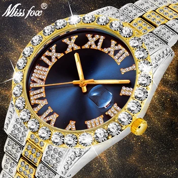 MISSFOX Pánské Hodinky 2020 nejprodávanější Luxusní Značky Blue Dial Gold Muži Módní Hodinky Muži Velký Diamantový Náramek Luxusní Hodinky Muži