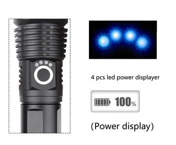 Nejvýkonnější LED Svítilna USB Nabíjecí Svítilna XHP50 Vodotěsné 5 Režimů 18650 nebo 26650 Dobíjecí Baterie POCKETMAN Černá