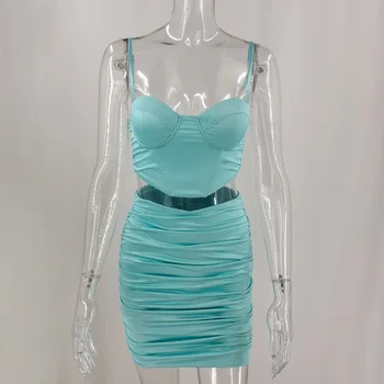 NewAsia Satén Dva Kus Oblečení Podšívka Vykostění Korzet Crop Top Plná Barva Elastická Mini Sukně 2 Ks Set Podzim 2020 Ženy Oblečení