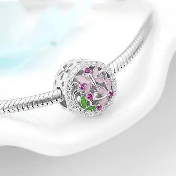Nový Real 925 Sterling Silver květiny kvetou Růžové CZ Smalt Kouzlo Korálků Fit Originální Ženy Náramek Jemné Šperky