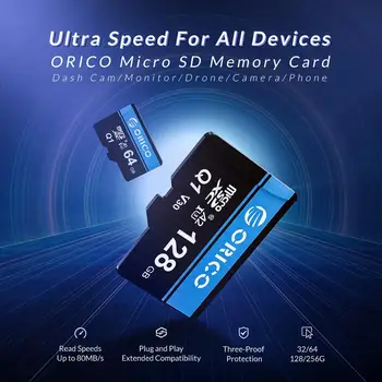 ORICO Paměť Micro TF/SD Karty 128GB 256GB 64 GB 32 GB MicroSD Max 80M/s Class10 mini TF karta s SD Adaptérem