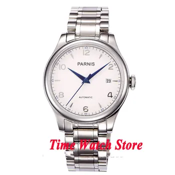 Parnis 38 mm white dial modré ruce datum, safírové sklo 21 jewels, Automatickým strojkem MIYOTA Pánské hodinky 782