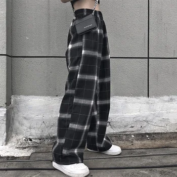 Pase kostkované kalhoty ženy vysokým pasem širokou nohu Kalhoty Ležérní ženské korejské běžkyně punk kalhoty dámské oblečení gothic