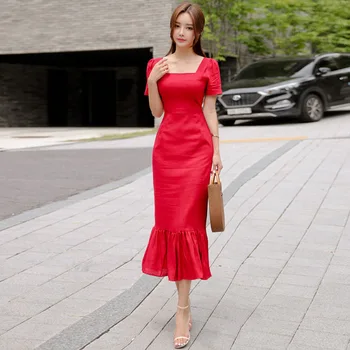 Plus Velikosti Mořská panna Šaty Letní Červené Krátký Rukáv Náměstí Límec Kotník-délka Volánky Elegantní Vintage Šaty Vestidos korejské Šaty