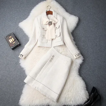 Podzim zima ženy designer tvídové sukně set dámské elegantní OL velký luk krátké kabáty + střapec sukně oblek set 2 kusů sada y726