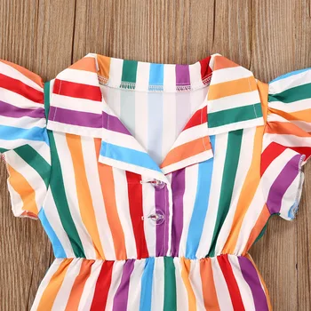 Pudcoco Novorozeně Dívka Šaty Letní Létat Rukáv Rainbow Pruhované Tisk Romper Kombinézy Jednodílné Oblečení Sunsuit Oblečení