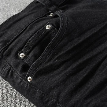 Pánské barevné skládaný patchwork černé biker džíny Streetwear slim skinny roztrhané stretch denim kalhoty
