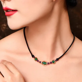Ručně pletená Móda vintage fialová crystal náhrdelník ženy,Nové etnické obojek náhrdelník, zelené přírody kameny náhrdelníky náhrdelník