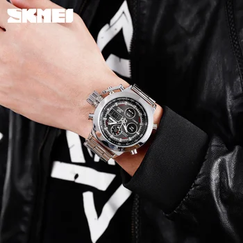 SKMEI 1515 Ležérní Oblečení Muži Duální Displej Náramkové hodinky Vodotěsné Stopky Luxusní Oceli Popruh Svítící Hodiny Relogio Masculino