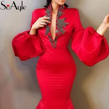 SoAyle Mořská panna 2019 Večerní Šaty Dlouhý Rukáv Lištování Prom Šaty pro Ženy Saténové Červené Dlouhé společenské Šaty Nadýchané Vintage Dres