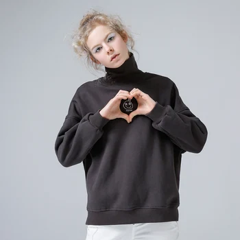 Toyouth Ženy Rolák Svetr Mikiny Neformální Výšivky Top Solid Loose Sweatershirt