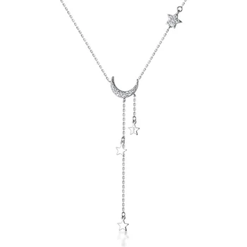 Trustdavis Real 925 Sterling Silver Sladká INS Hvězda Moon Střapcem Přívěsek Klíční kost náhrdelník Náhrdelník Pro Ženy S925 Šperky DA1743