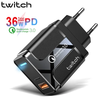 Twitch 36W LED USB Nabíječka Quick Charge 4.0 PD 3.0 Fast Charger NÁS, EU, UK Plug Adaptér Kompresor Pro iPhone 11 XR Xiaomi Mi 9