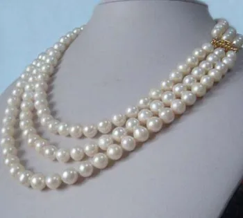 Tři Strand přírodní 9-8 mm akoya bílá perlový náhrdelník 17