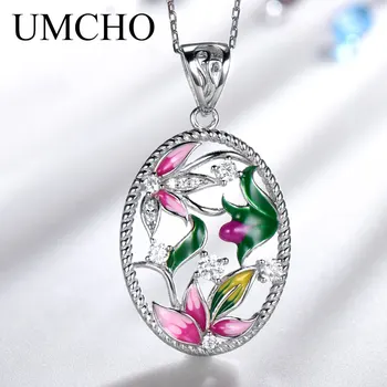 UMCHO Pevné 925 Sterling Silver Ručně vyráběné Barevné Smaltované Přívěsky Náhrdelníky pro Ženy Květ Lotosu Strana Módní Šperky Dárek