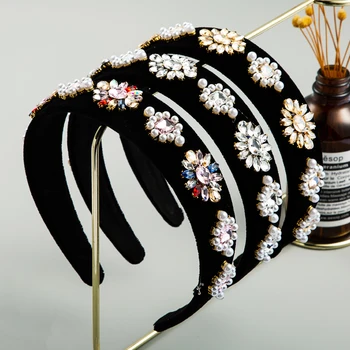 Vintage Barokní Barevné Crystal Květina Sametová Čelenka pro Ženy Luxurrious Simulované Pearl Vlasy Band Ženy Strana Vlasy Šperky