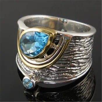 Vintage Ženy Modrá Crystal Stone Prsten Classic Gold Stříbrná Barva Snubní Prsteny Pro Ženy Luxusní Water Drop Velký Prsten Zásnubní