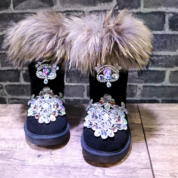 Vysoké spony spony boty flower crystal vločka diamond gem přezku plochá kolena vysoké boty snow boty