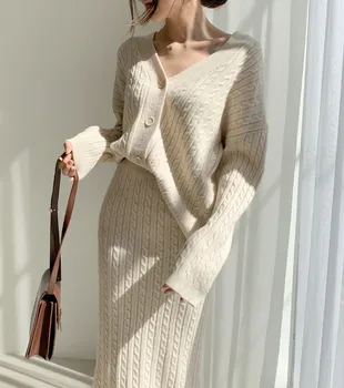 ZAWFL dvoudílné dámské pletené šaty, Elegantní podzim zima svetr šaty Dlouhý rukáv tlačítko pure sukně oblek
