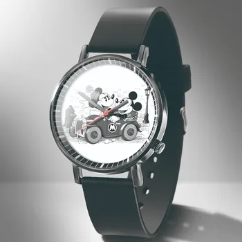 Zegarek damski Nové Módní Mickey Ženy hodinky cartoon děti quartz Hodinky Reloj Černé Kožené Ultra-tenké ženy hodinky часы
