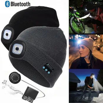 Zimní Beanie Hat Bezdrátové Bluetooth5.0 Smart Cap Sluchátka Headset S 4 LED Světla, Handfree Hudební Sluchátka Teplé Pletené kabel