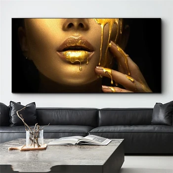 Zlatá Africká Žena Tvář Plátno Umění Plakáty Sexy Rty Plátno, Obrazy na Zeď Umění Obrázky pro Moderní Obývací Pokoj Dekor